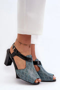 sandales femmes élégantes contemporaines talon bloc stable cuir artificiel texturé turquoise pailleté brides vernis noir boucle dorée réglable confortable sophistiquées