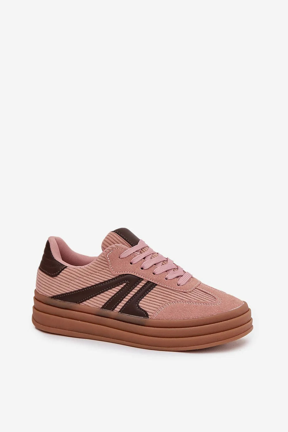 baskets femme basses plateforme urbaine confortables semelle épaisse multicouches marron velours côtelé rose poudré suède empiècements lacets assortis