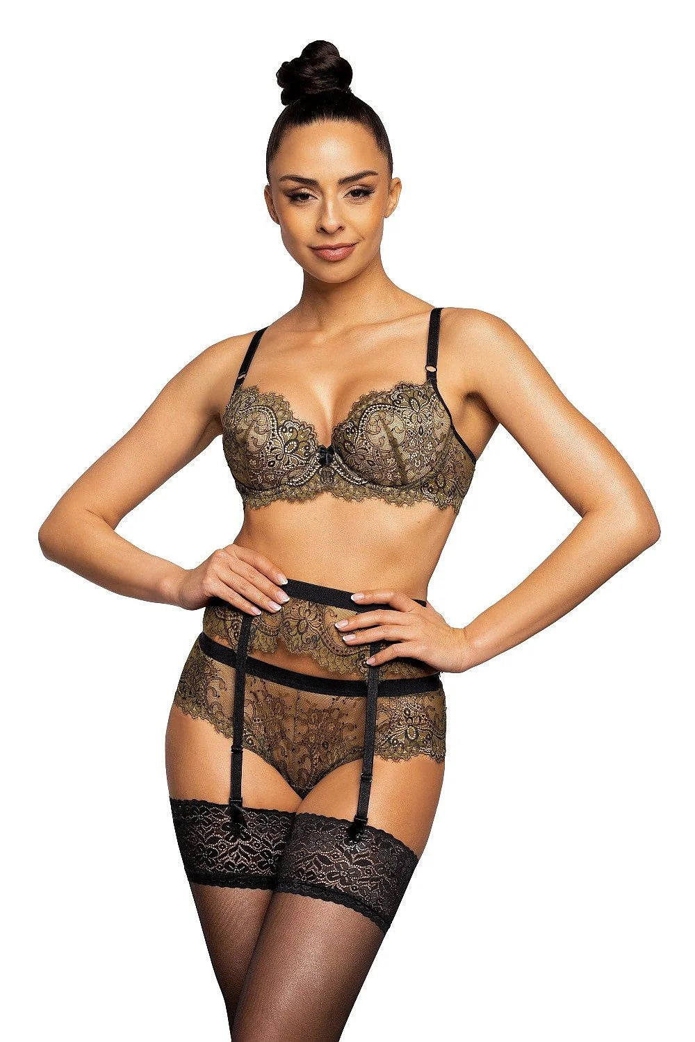 balconnet pushup dentelle bicolore doré noir rembourré armatures galbé décolleté plongeant festonné noeud central bretelles réglables agrafes glamour sophistiqué