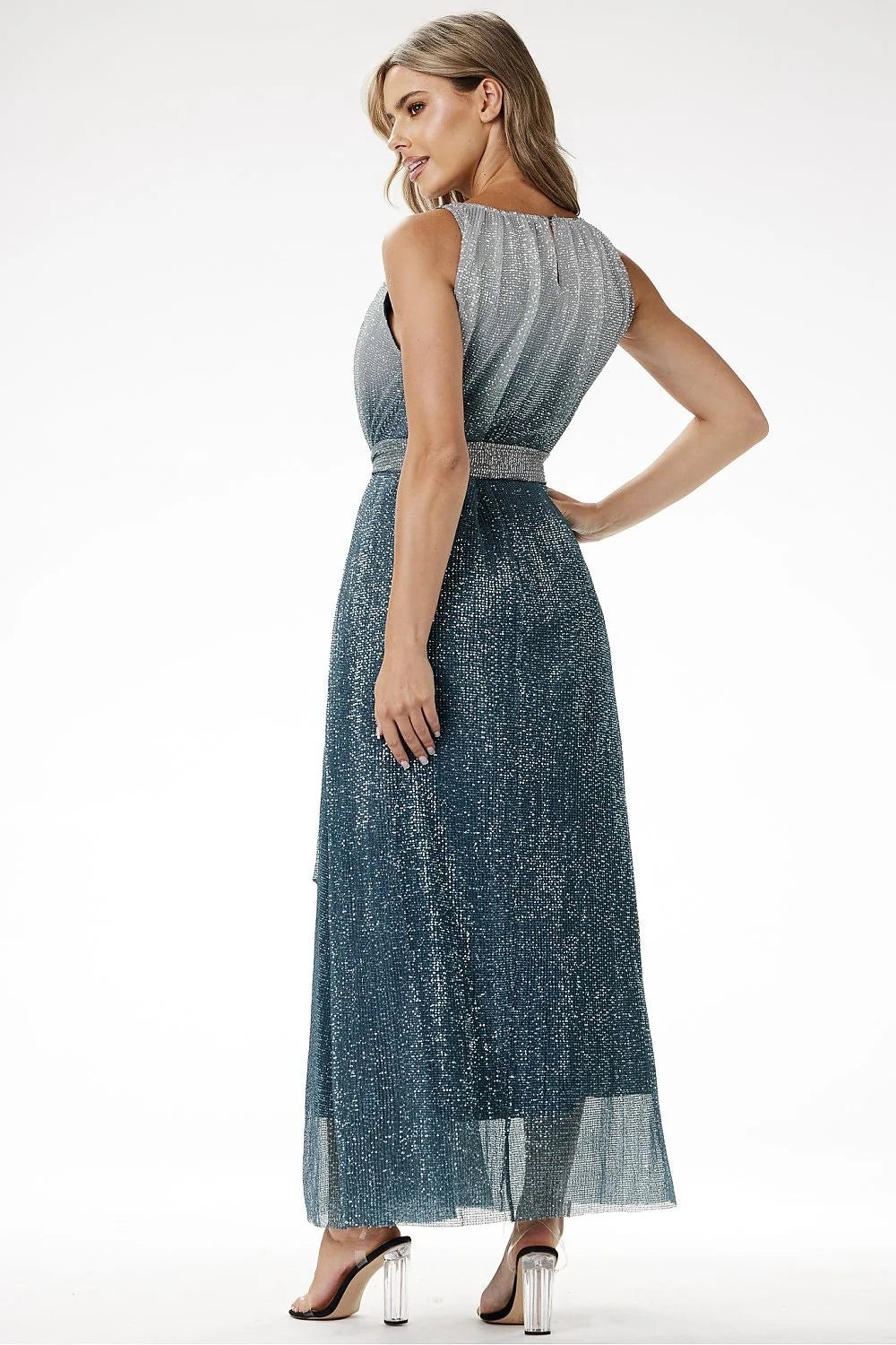 robe longue élégante effet ombré maille pailletée doublure satin ajustée ceinture intégrée bleu gris profond scintillante glamour soirée mariage gala