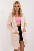 cardigan maille chevron mi cuisses oversize duveteuse moelleuse rose poudré poches plaquées manches longues bordures côtelées coupe ample confortable superposition