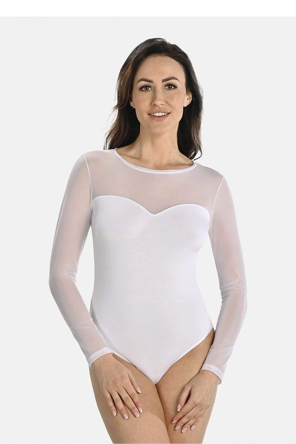 body blanc manches longues viscose élasthanne stretch opaque mesh transparent buste bras décolleté coeur ajusté moulant confortable doux extensible