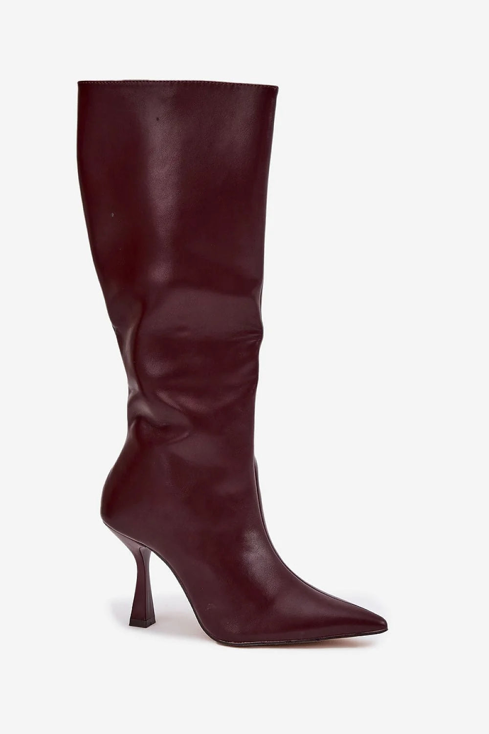 bottes femmes simili cuir bordeaux foncé bout pointu tige genou ajustée mollet fermeture éclair talon aiguille sculpté élégant soirée