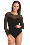 Body sophistiqué pour femme en viscose et tulle noir coupe ajustée manches longues encoignure en forme de cœur finitions élégantes