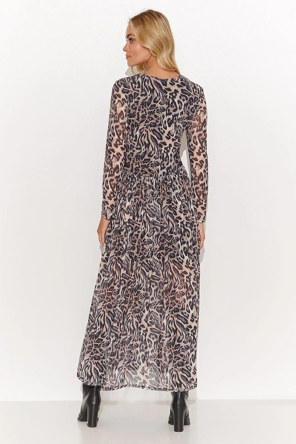 robe longue maxi femme Makadamia imprimé léopard beige manches longues encolure V taille marquée jupe plissée fluide transparent