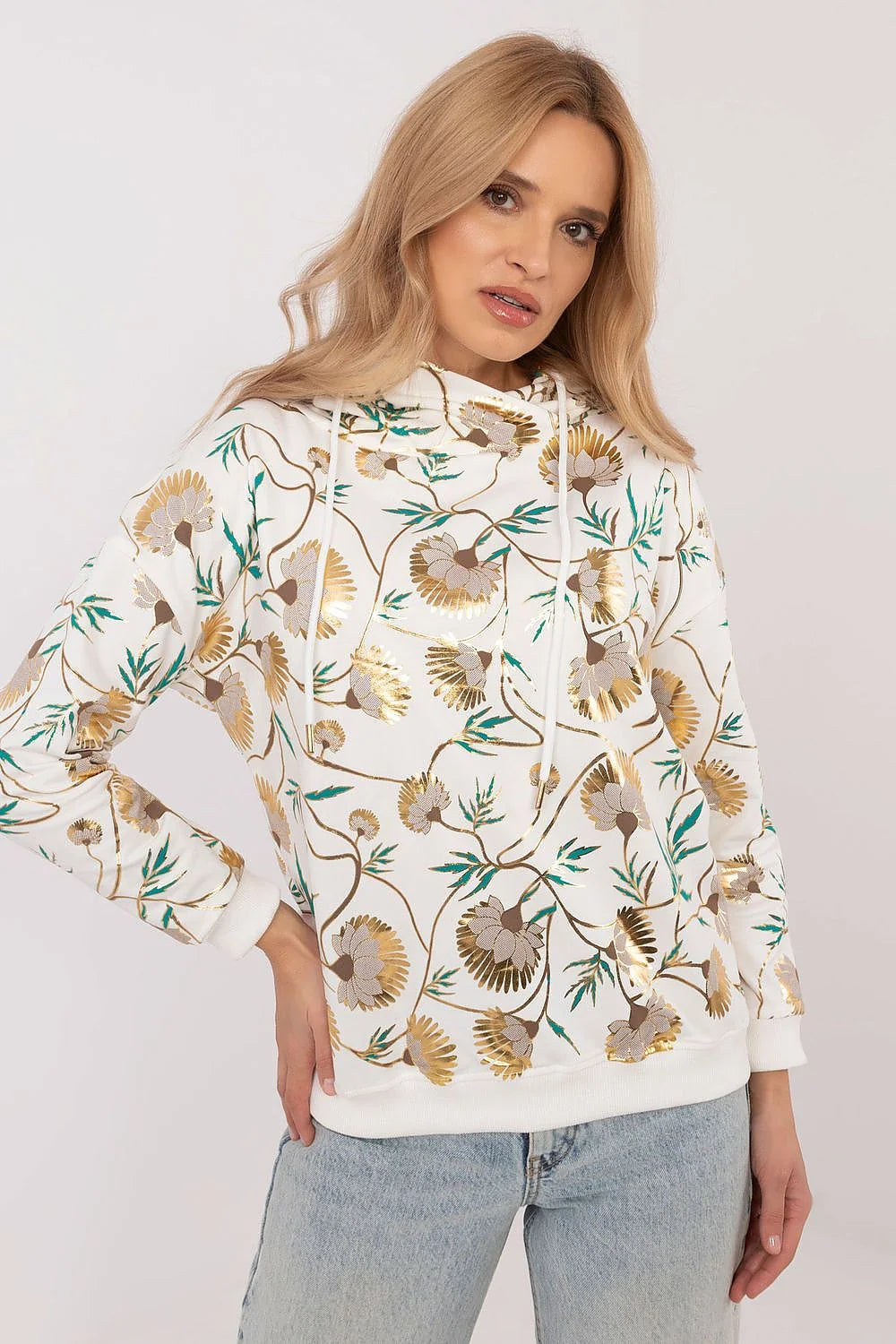 Sweatshirt à capuche floral femme coton polyester design moderne style élégant motifs dorés marron vert longueur standard manches longues