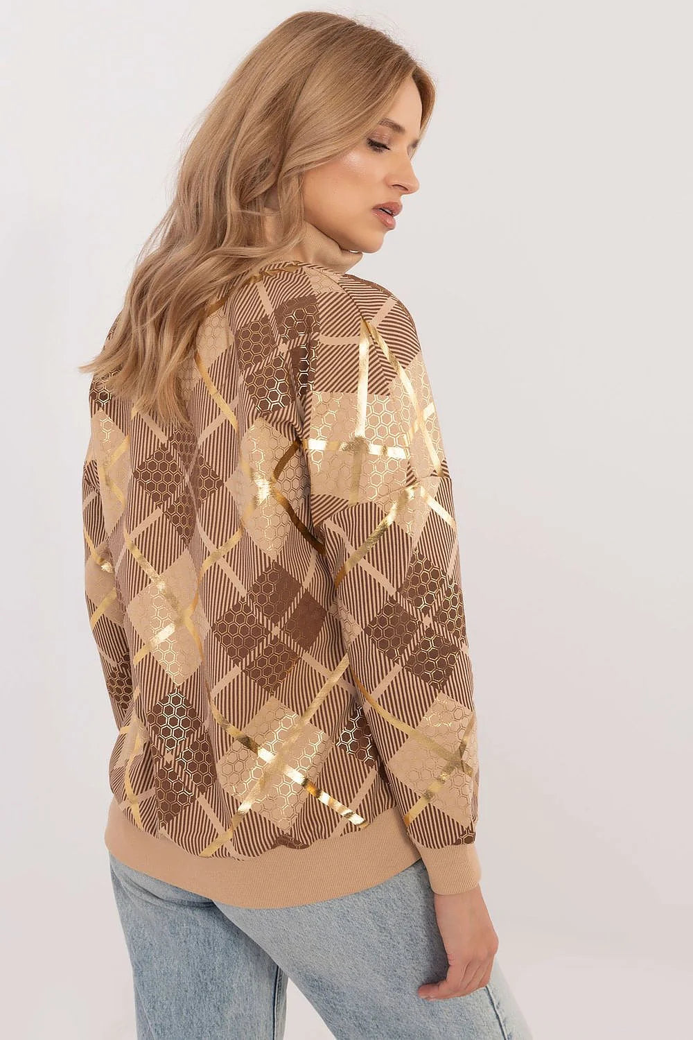 Pullover femme demi-zip motif tartan doré coton polyester longue durée style moderne