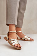 Sandales pour femmes élégantes ouvertes dorées cuir haute qualité talon plat bride ajustable occasionnels estivales