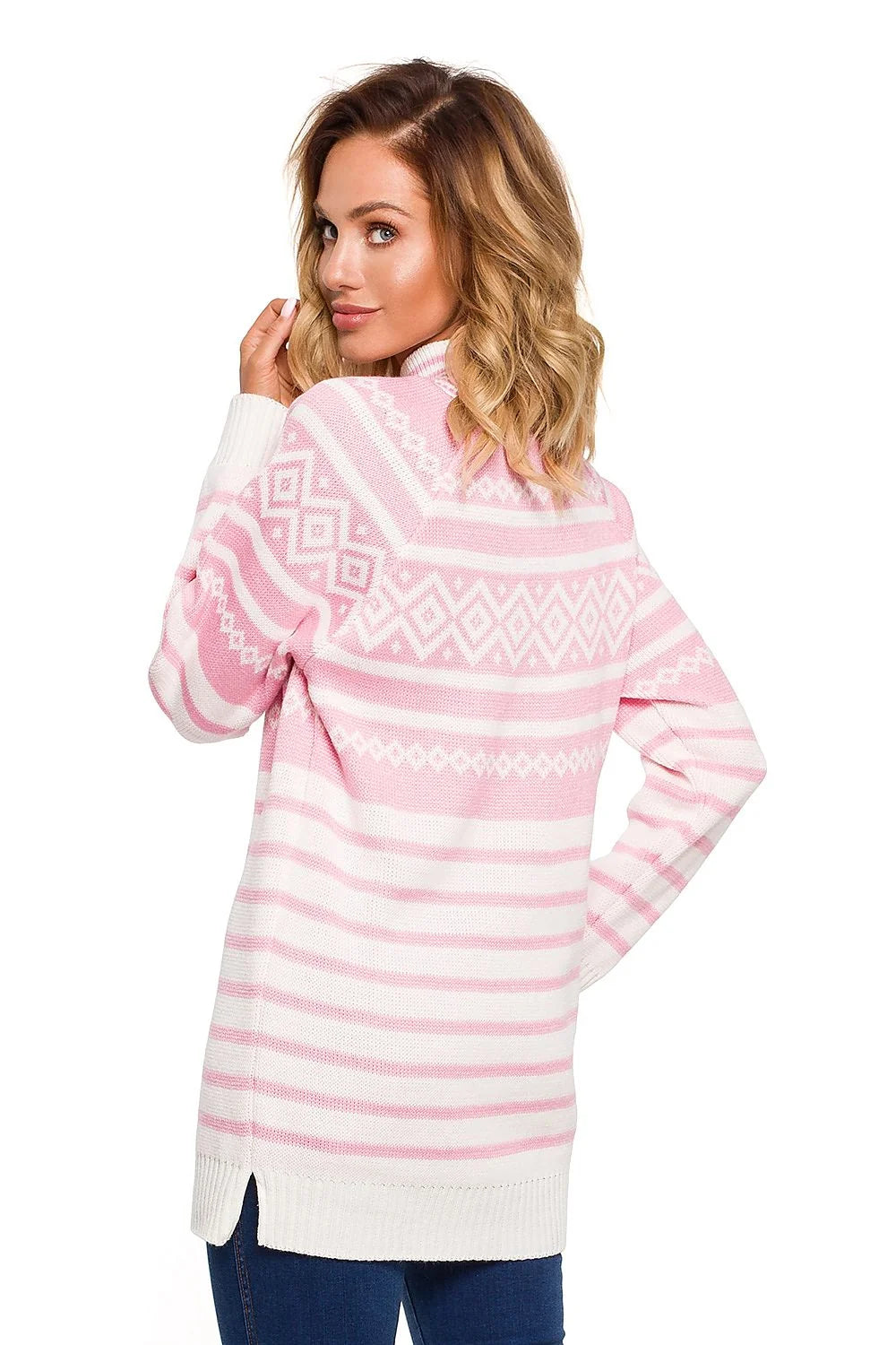 Pull en maille confortable ample motifs géométriques rose blanc col rond hiver pour femmes