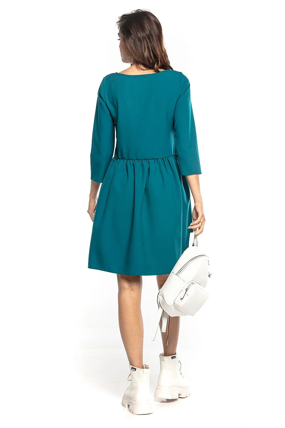 Robe évasée en coton bleu canard moderne confortable manches trois-quarts chic pour femme élégante