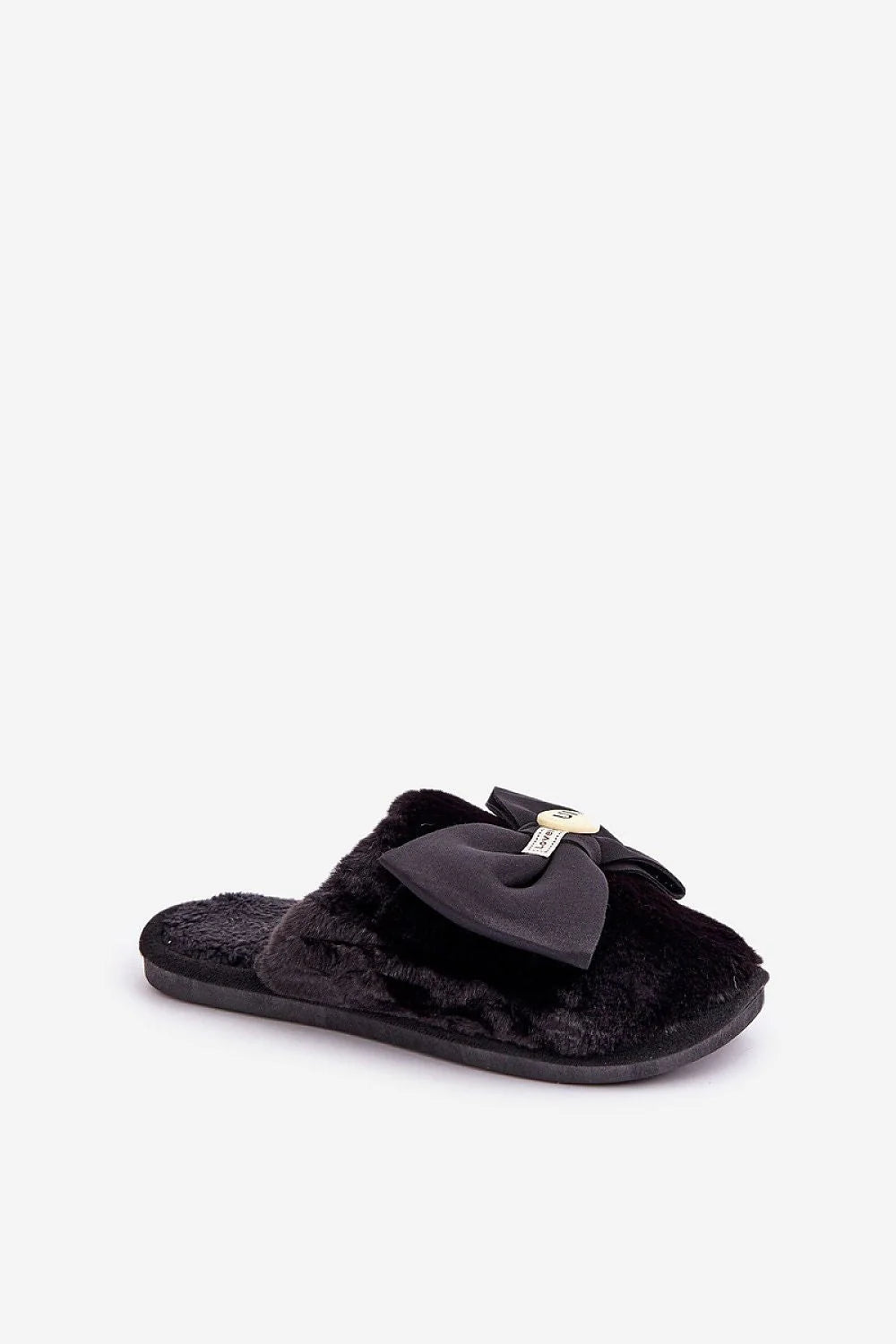 pantoufles mules intérieur femme fausse fourrure noire doublure rembourrée douceur cocooning bout fermé semelle plate souple grand noeud textile doré