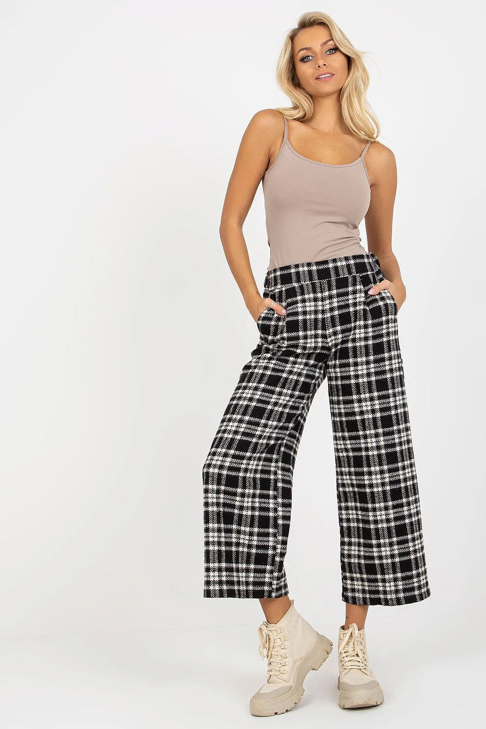Pantalon femme Lakerta en laine 100% carreaux noir et blanc haute taille large coupe style classique occasion décontractée et professionnelle