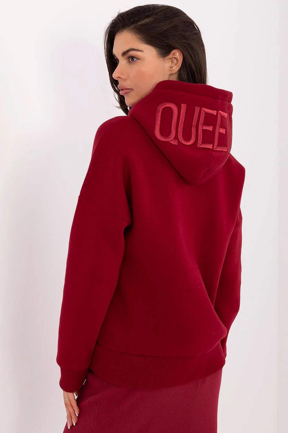 sweatshirt femme oversize bordeaux molleton doux capuche brodée manches longues poignets côtelés doublure brossée jupe midi côtelée stretch
