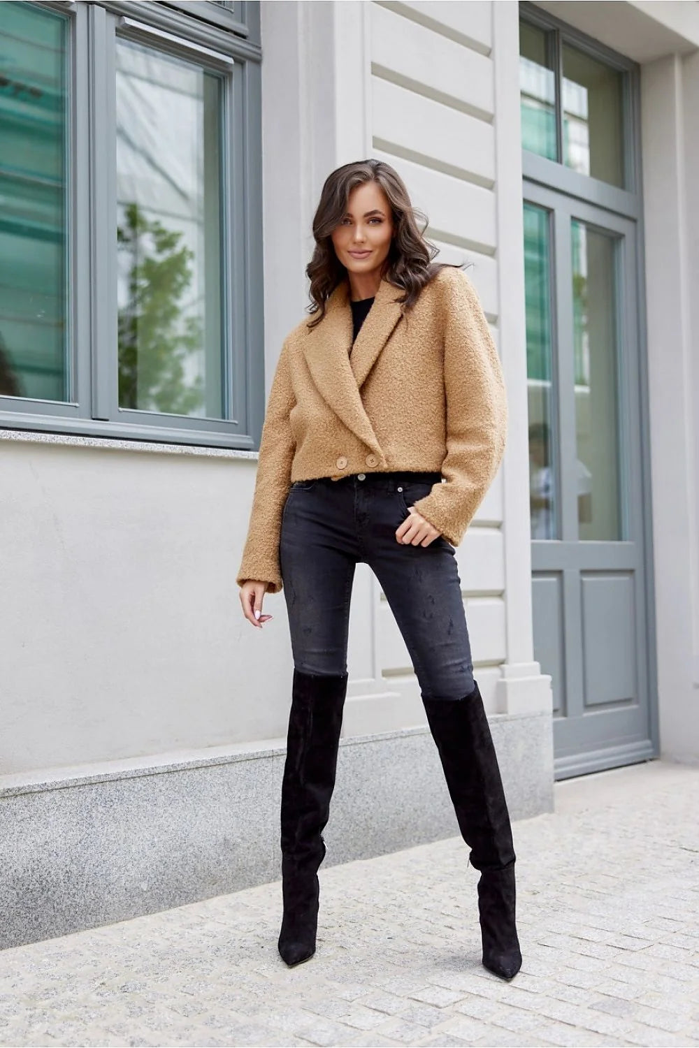 Veste Roco Fashion courte style veston manches longues col matelassé fermeture boutons polyester beige camel automne hiver femmes