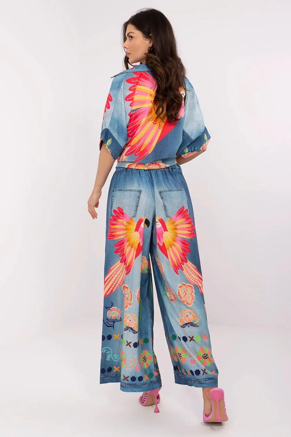 Ensemble femme 3 pièces pantalon ample haut bandeau chemise ouverte motifs colorés parrots floral denim coton elasthanne