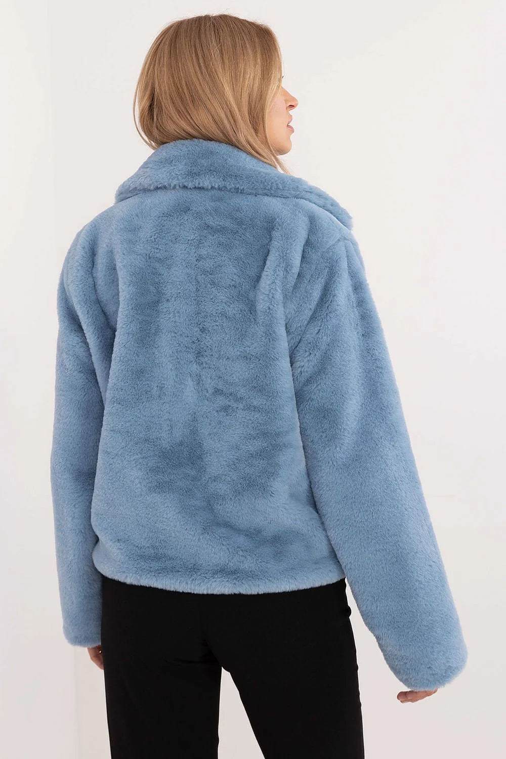 Manteau fausse fourrure moderne couleur bleu clair pour femme manches longues col large sans doublure