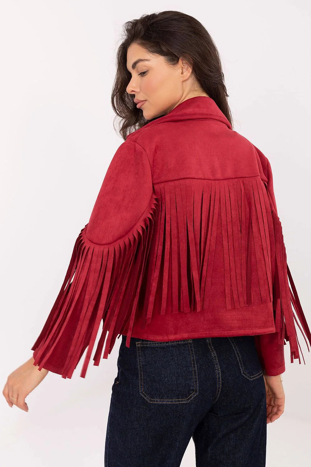 veste femme courte bordeaux suédine effet daim coupe boxy col tailleur revers manches longues franges lanières bohème western
