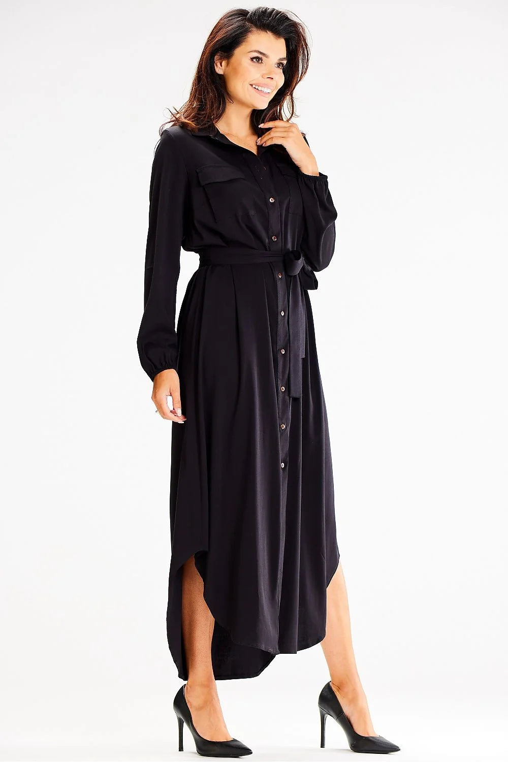 Robe de jour awama longue manches longues ceinture taille ajustable poches front viscose élasthanne femme