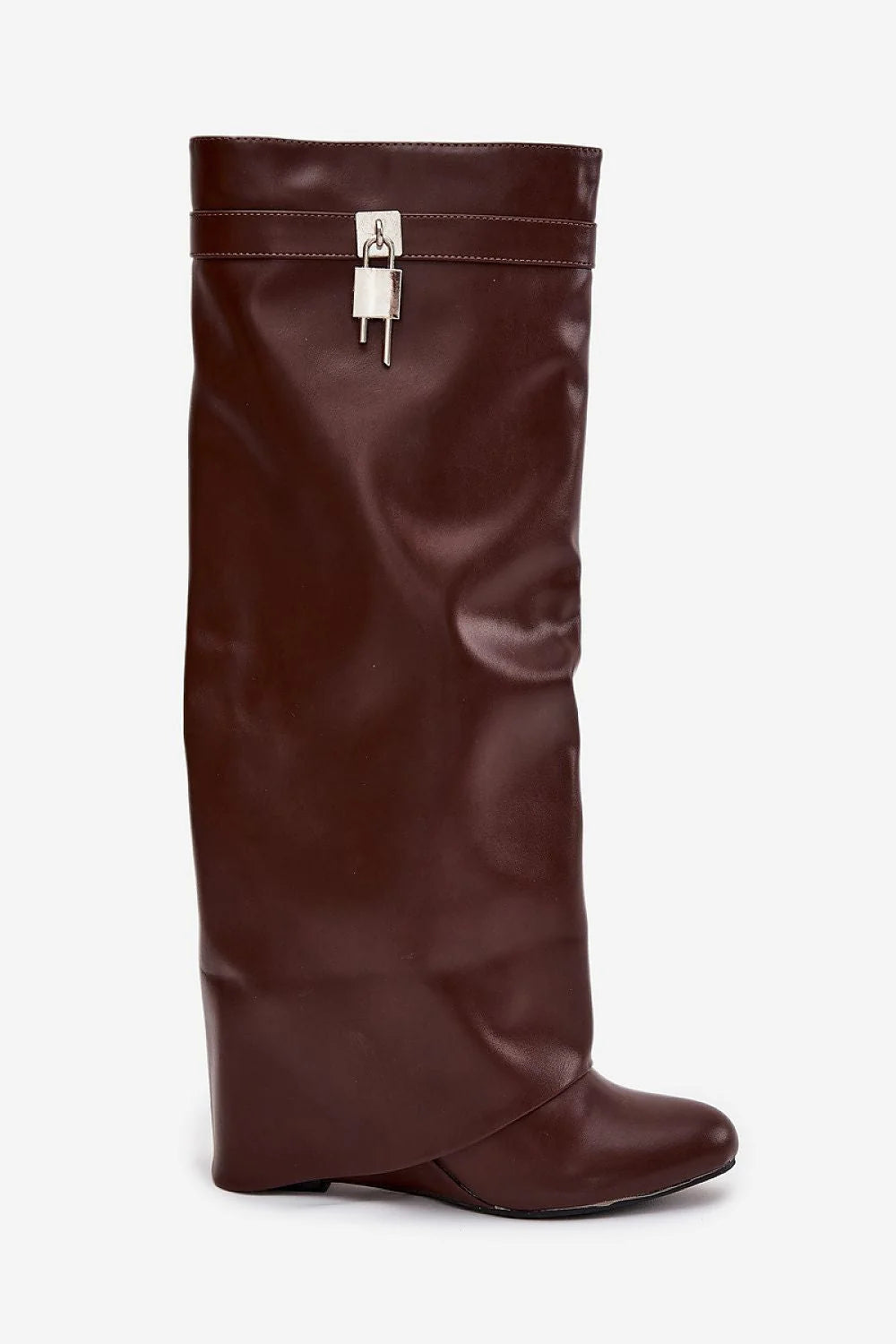 cuissardes femme chocolat suédé simili cuir tige drapée large fente latérale fermeture éclair intérieure sangle pendentif cadenas métallisé talon compensé