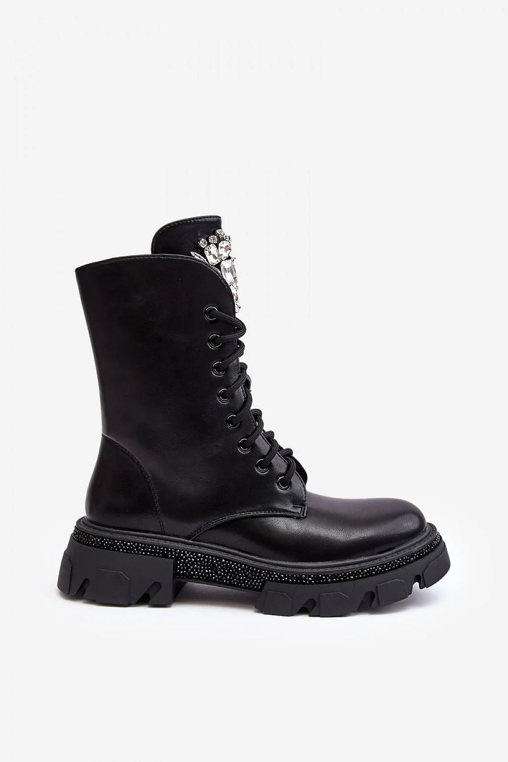 Bottines audacieuses design contemporain cuir noir lisse tige montante mollet laçage central cristaux strass semelle robuste fermeture éclair latérale mode féminine
