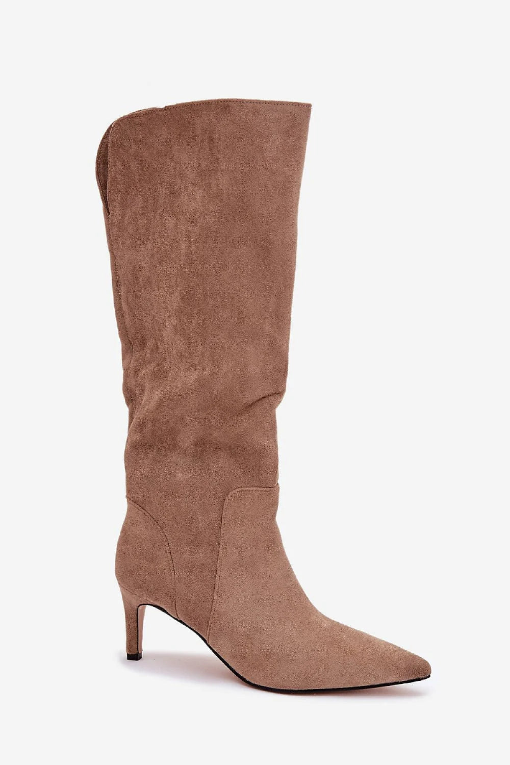 bottes hautes femme suédine taupe daim tige mi mollet froncée bout pointu talon aiguille bas élégante doublure fourrure chaude veloutée