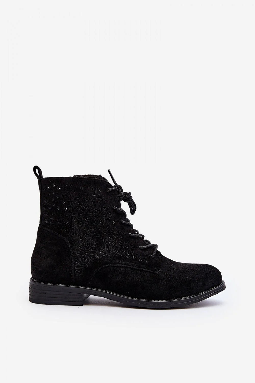 bottines femme ecosuede noir broderie fleurie perforée lacets zip latéral talonplat tige13cm semellecaoutchouc boutarrondi coupeajustée confort urbain sophistiquée
