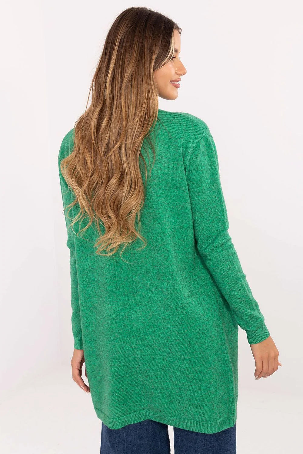 cardigan gilet long femme ouvert maille douce vert émeraude coupe droite mi cuisses manches longues poches plaquées bords côtes ourlet