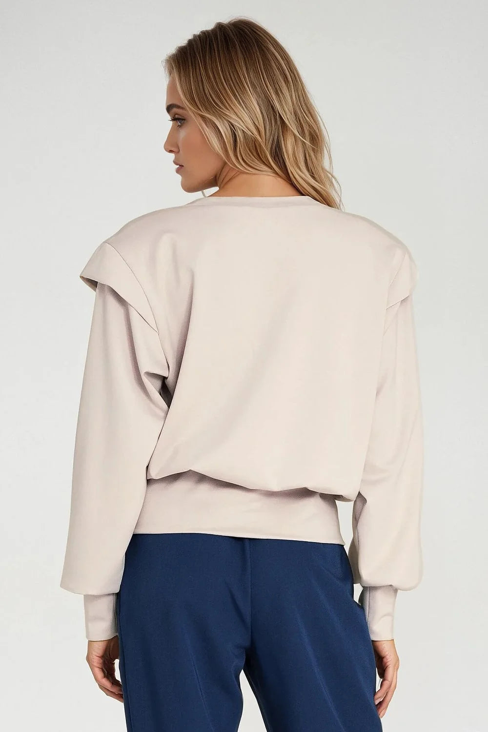 sweatshirt femme oversize col rond manches longues bouffantes poignets larges épaules structurées bas ceinturé coupe courte