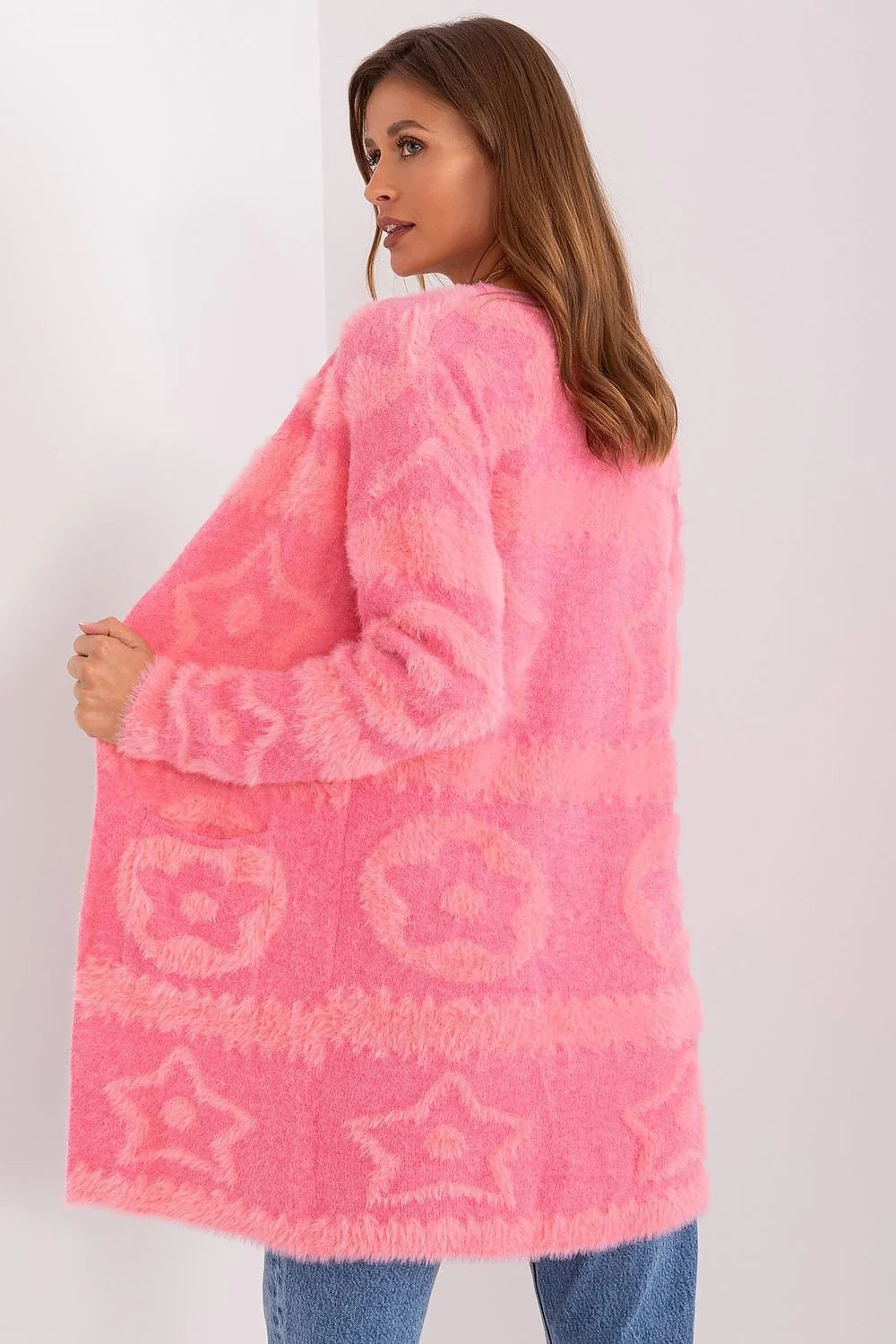 Cardigan long pour femme, style décontracté, texture douce, rose vif, étoiles, manches longues, poches pratiques, mode été/hiver