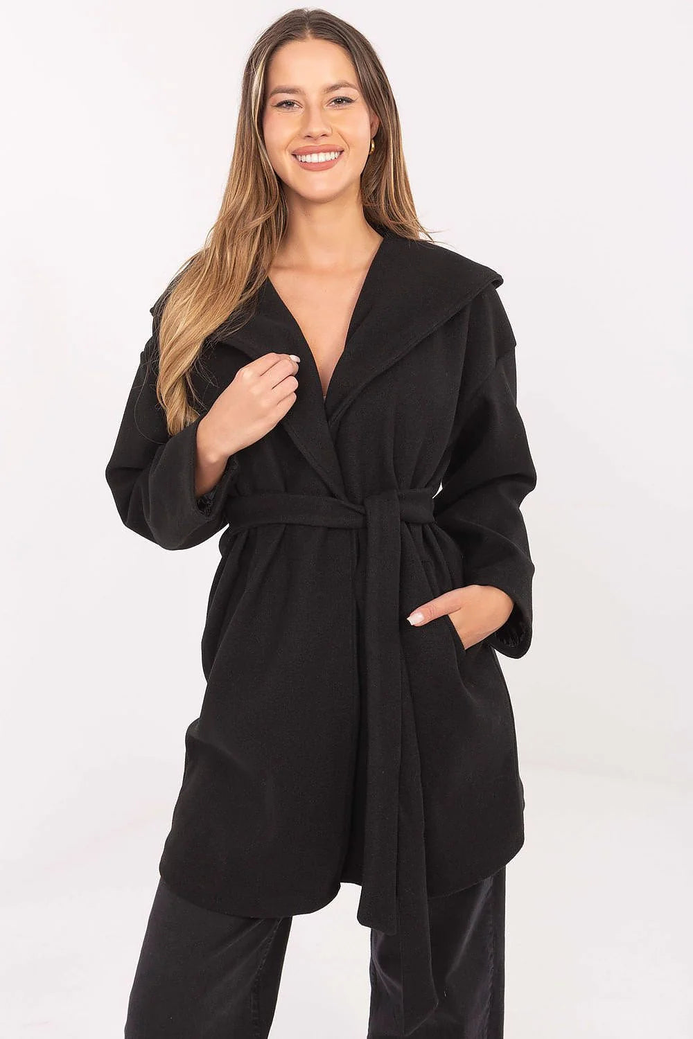 manteau femme ceinturé mi cuisses noir portefeuille oversize col châle capuche noué lainé laine mélangée manches longues poches fendues