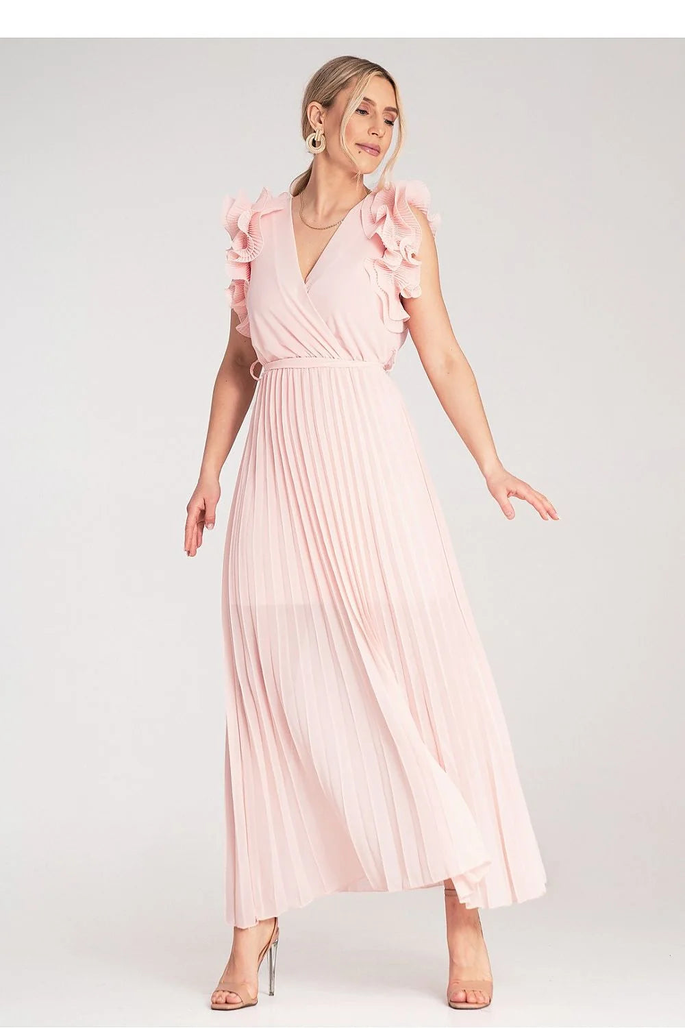 Robe de cocktail élégante longue sans manches en V rose pâle tissu léger volants épaules femmes occasion spéciale soirée mariage