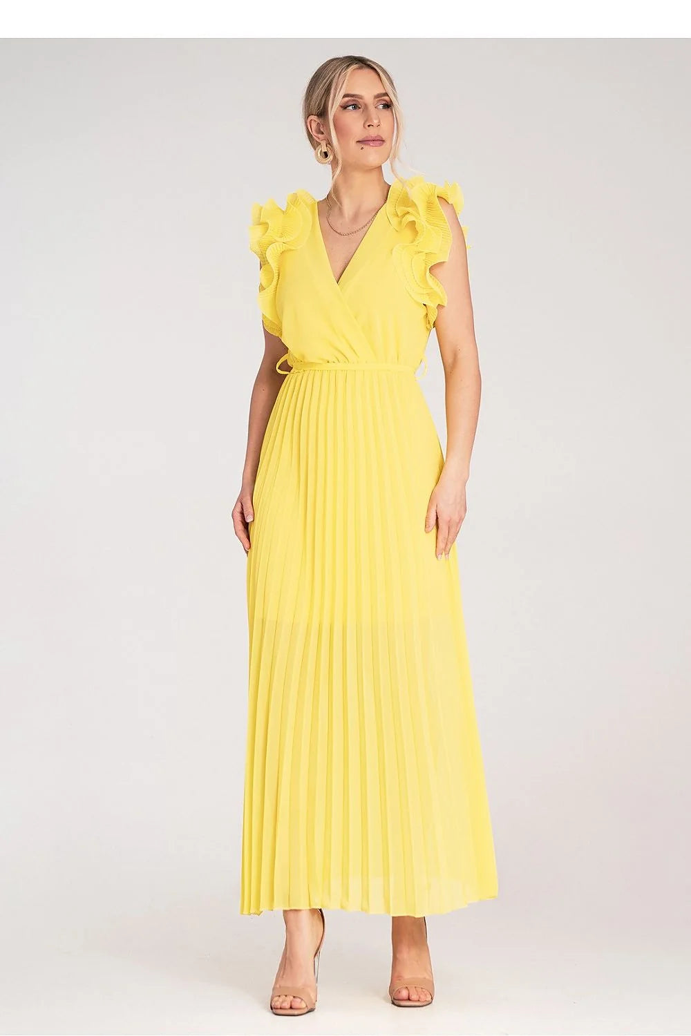 Robe de cocktail jaune vif sans manches volants taille ajustable polyester léger robe longue pour femme soirée été