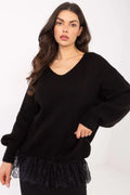 pull femme maille noire col V oversize manches bouffantes poignets côtelés ourlet dentelle froncée longueur hanches doux mohair léger