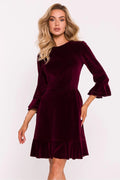 Robe élégante en velours bordeaux manches 3/4 ruffles dos fermé raffinée femme occasionnels intemporelle taille ajustée
