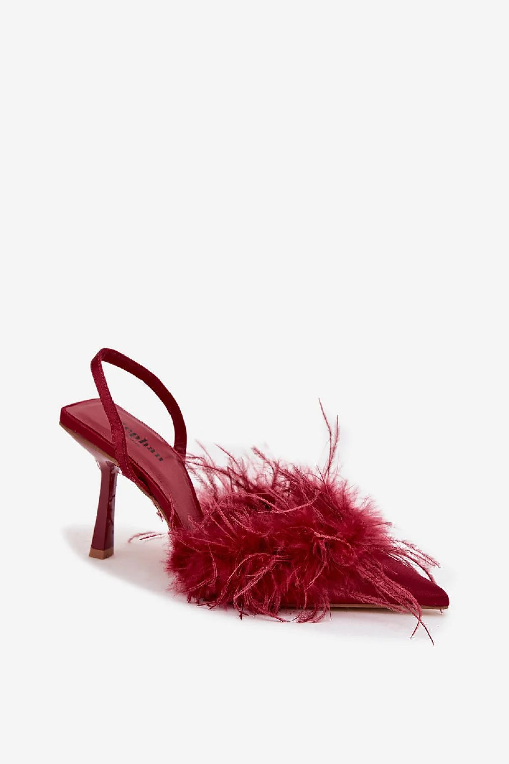 escarpins femme satin bordeaux bout pointu bride arrière talon aiguillé haut pompon plumes marabou semelle cuir artificiel confort