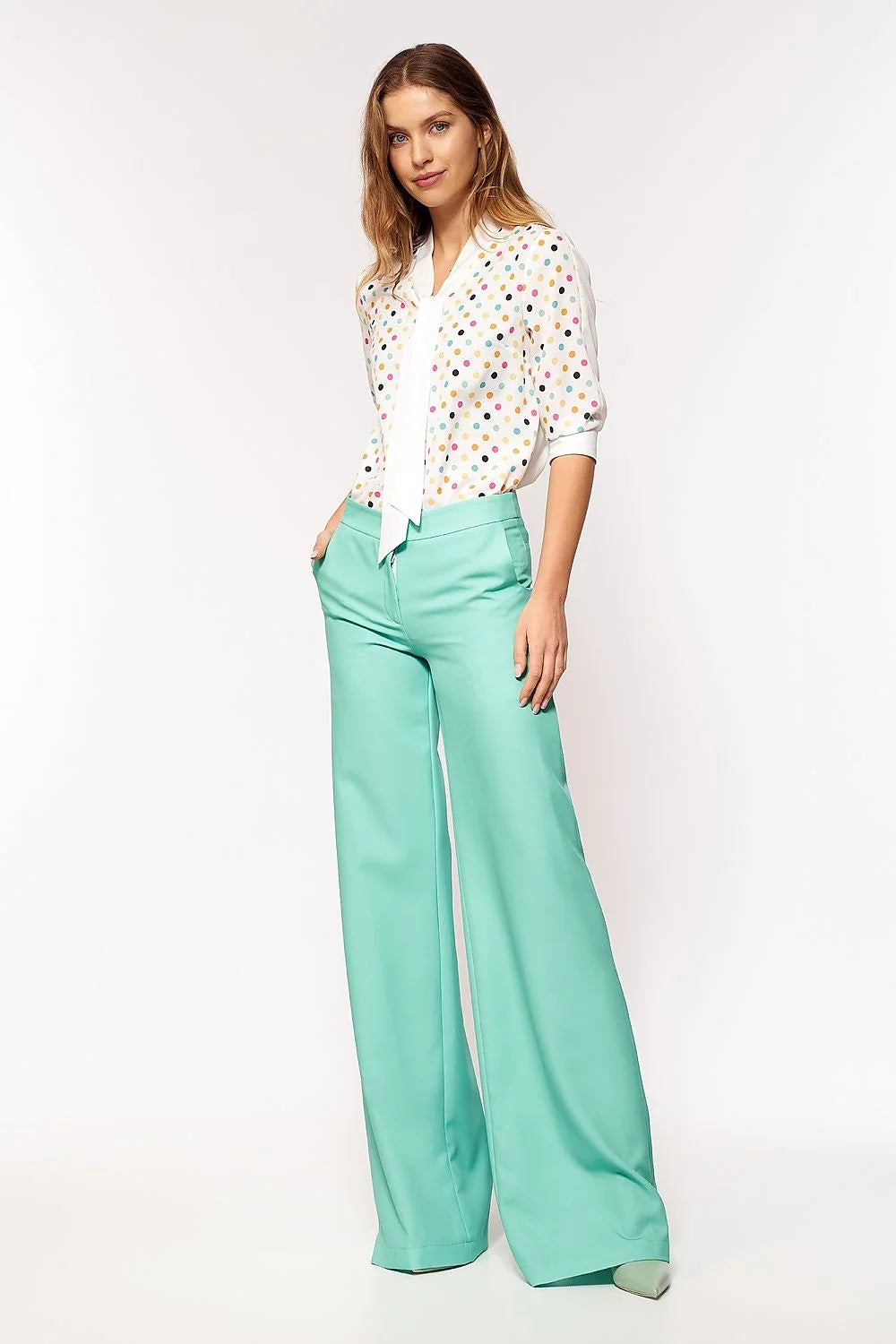 Pantalon palazzo polyester élégant bleu évasé moderne confort bureau décontracté femme taille haute