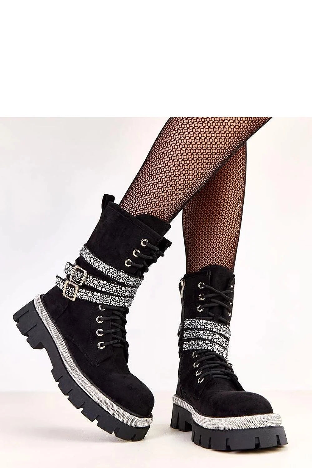 bottines femme élégantes confortables cuir suédé écologique montantes chevillehaute plateforme crantée lacées fermetureéclair strass argentés boucles réglables doublure chaude urbaine