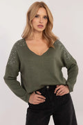 Pull élégant pour femme longues manches strass sur les épaules couleur olive mode moderne confort tout le jour occasion spéciale