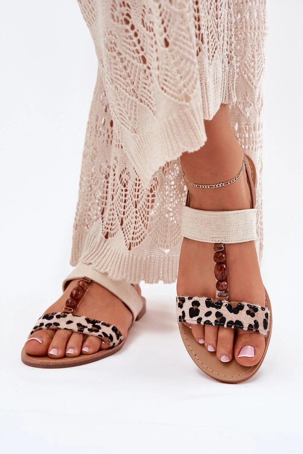 Sandales élégantes pour femmes, style moderne, motifs léopard, perles marron, confortables, ajustement parfait, idéales pour l'été, cuir synthétique, textile, semelle douce, taille 36-40