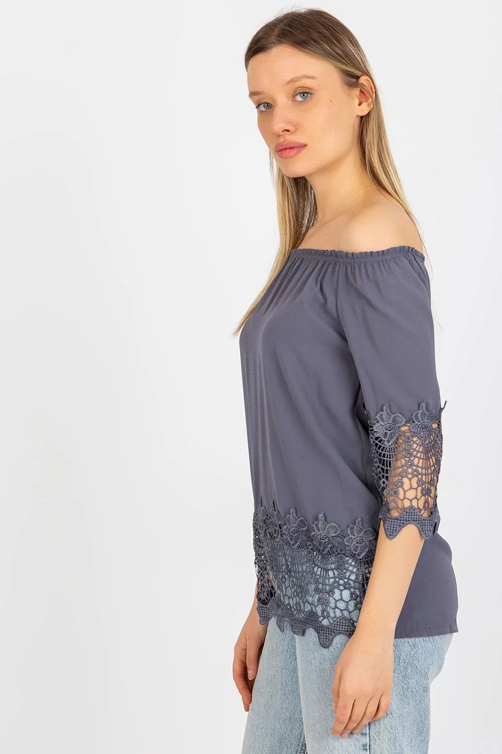 chemisier femme élégant décolleté espagnol épaules exposées manches troisquarts dentelle florale gris foncé coton élasthanne polyester léger respirant ample estival