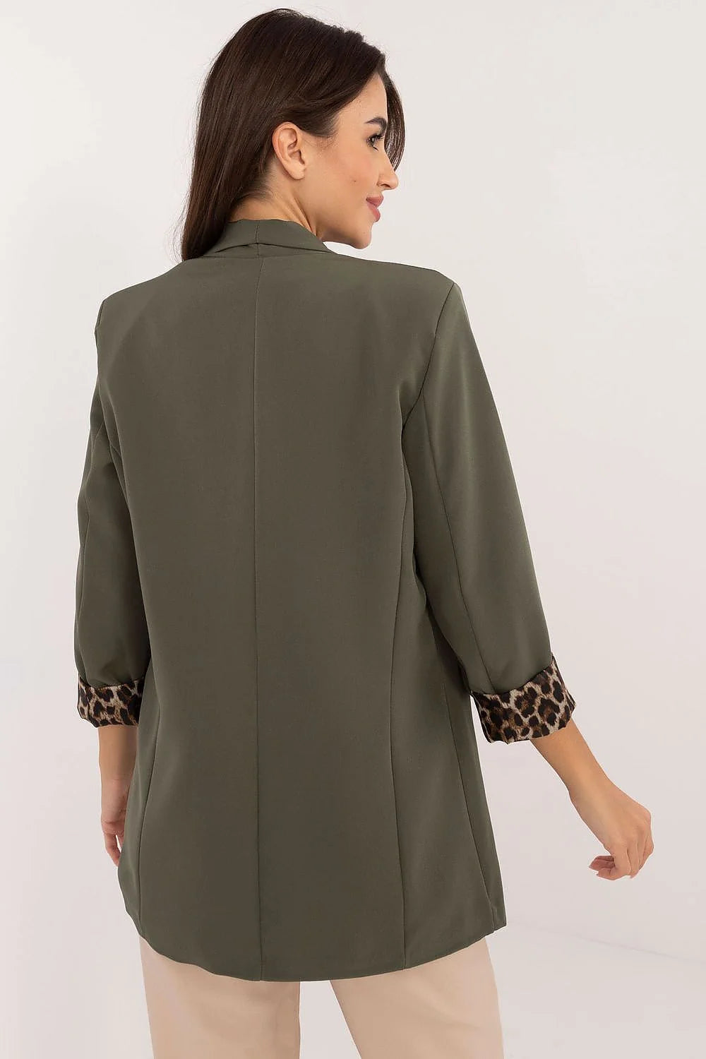 Blazer femme moderne élégant vert olive motif léopard manches trois-quarts revers châle sans boutons coupe droite polyvalent automne hiver printemps
