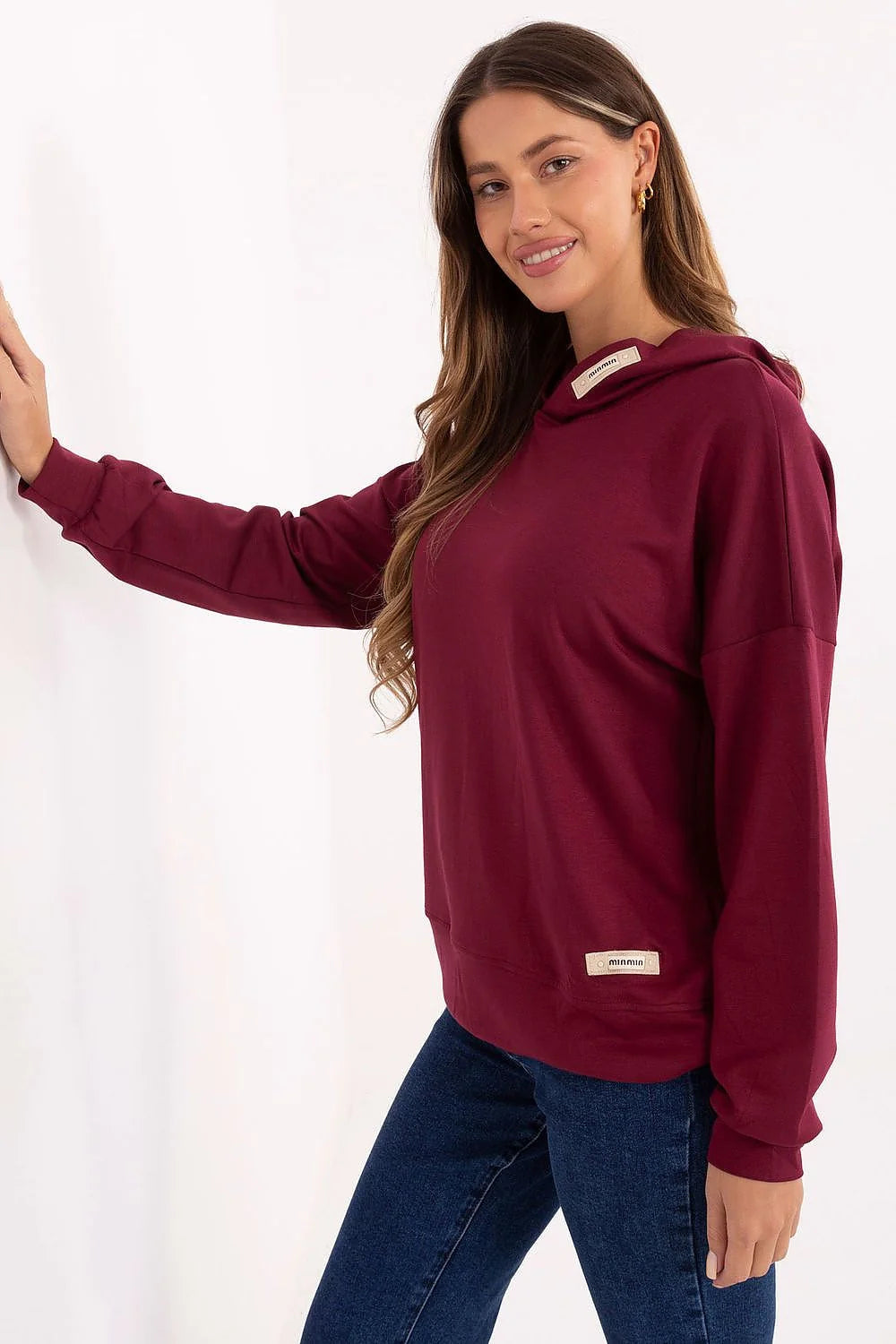 sweatshirt bordeaux femme oversize capuche jersey doux manches longues poignets côtelés base côtelée appliques décoratives