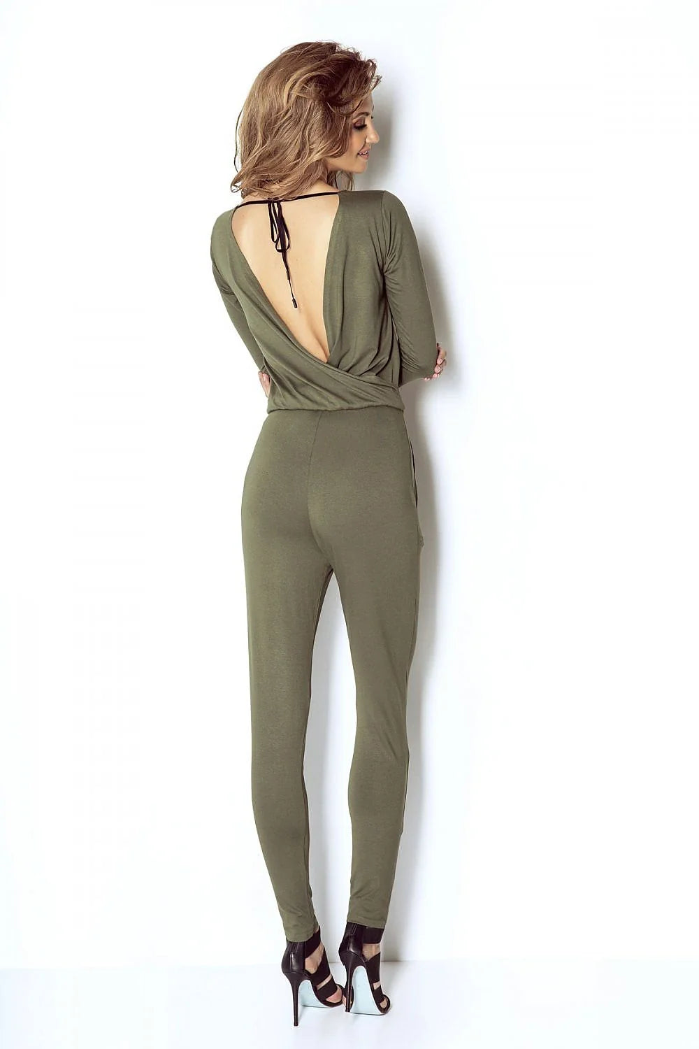 combinaison femme jersey extensible vert olive col rond manches troisquarts taille marquée pantalon ample évasé poches latérales viscose élasthanne confortable