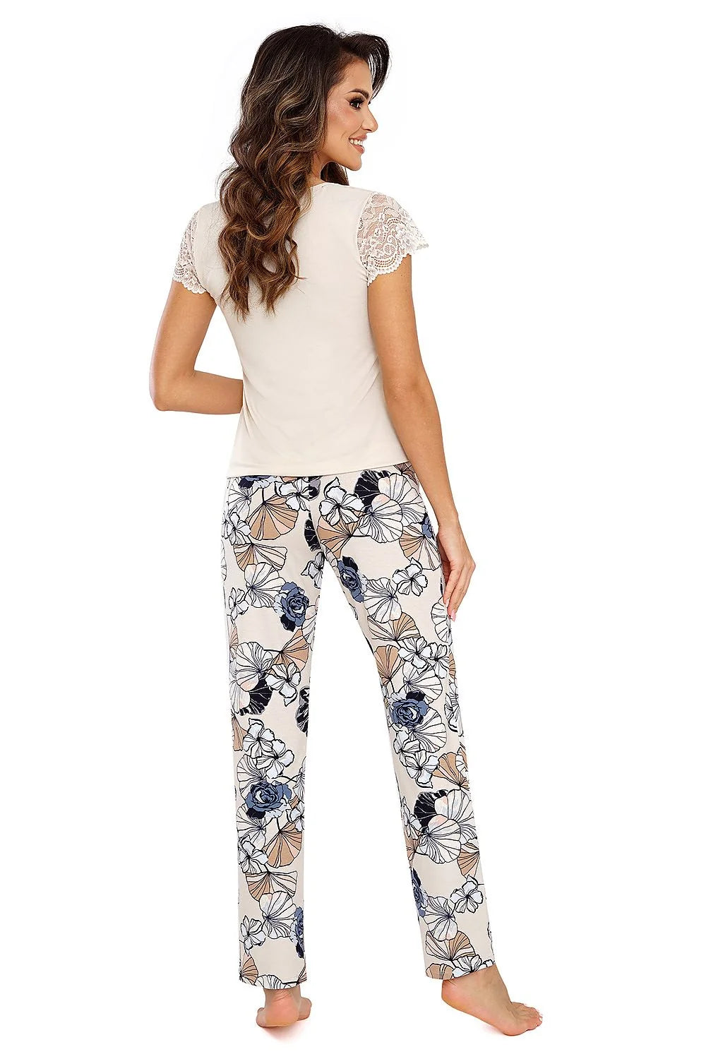 Pyjama Donna Femme Pyjama Deux Pièces Élégant Confortable Viscose Dentelle Coupe Classique Floral Beige Marine Bleu Taille Polonais Élasthanne 5% Viscose 95%