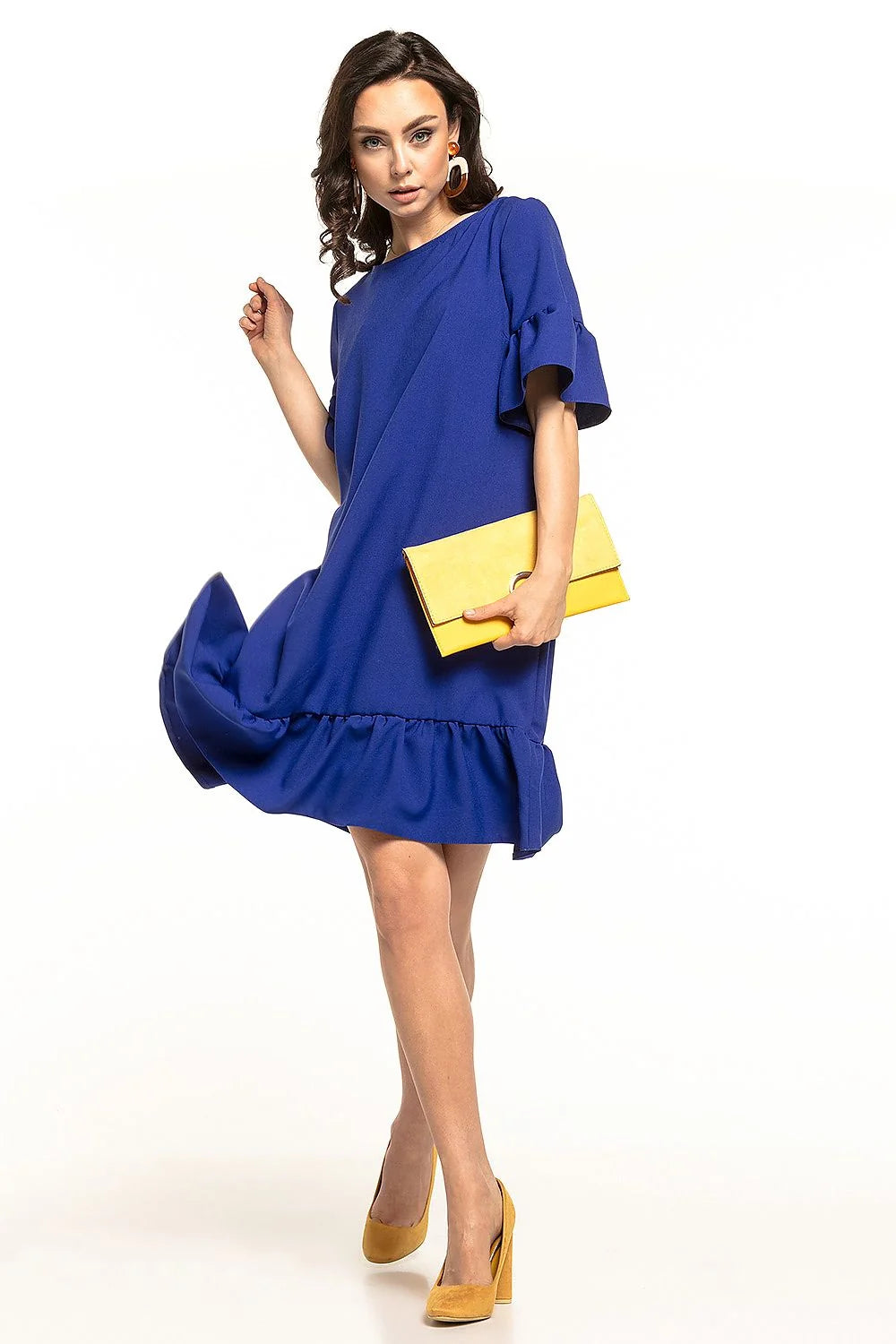 robe Tessita polyester élasthanne élégante bleu clair coupe trapèze courte col rond nœud manches volants ourlet froncé fluide confortable estivale