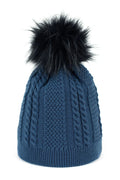 Bonnet en tricot pour femmes design élégant hiver laine acrylique bleu marine pompon fourrure noire coupe ajustée bordure côtelée