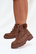 bottines trappeur femme suédine écologique marron col sherpa fourré lacets œillets métalliques tige mi cheville semelle plateforme crantée antidérapante confortable