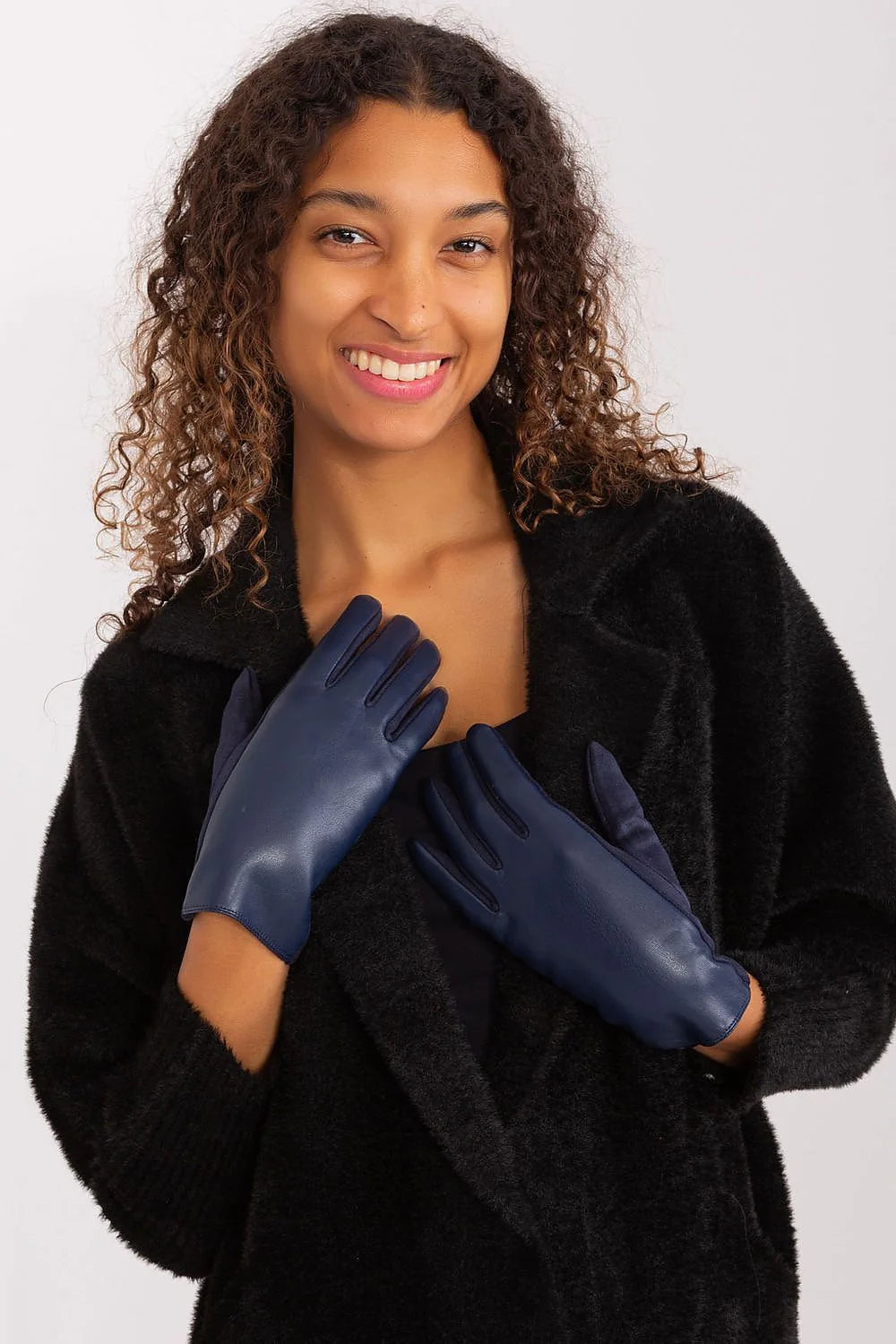 Gants élégants pour femmes en cuir lisse bleu marine, style classique, index fleuri, polyuréthane 50% polyester 40% spandex 10%