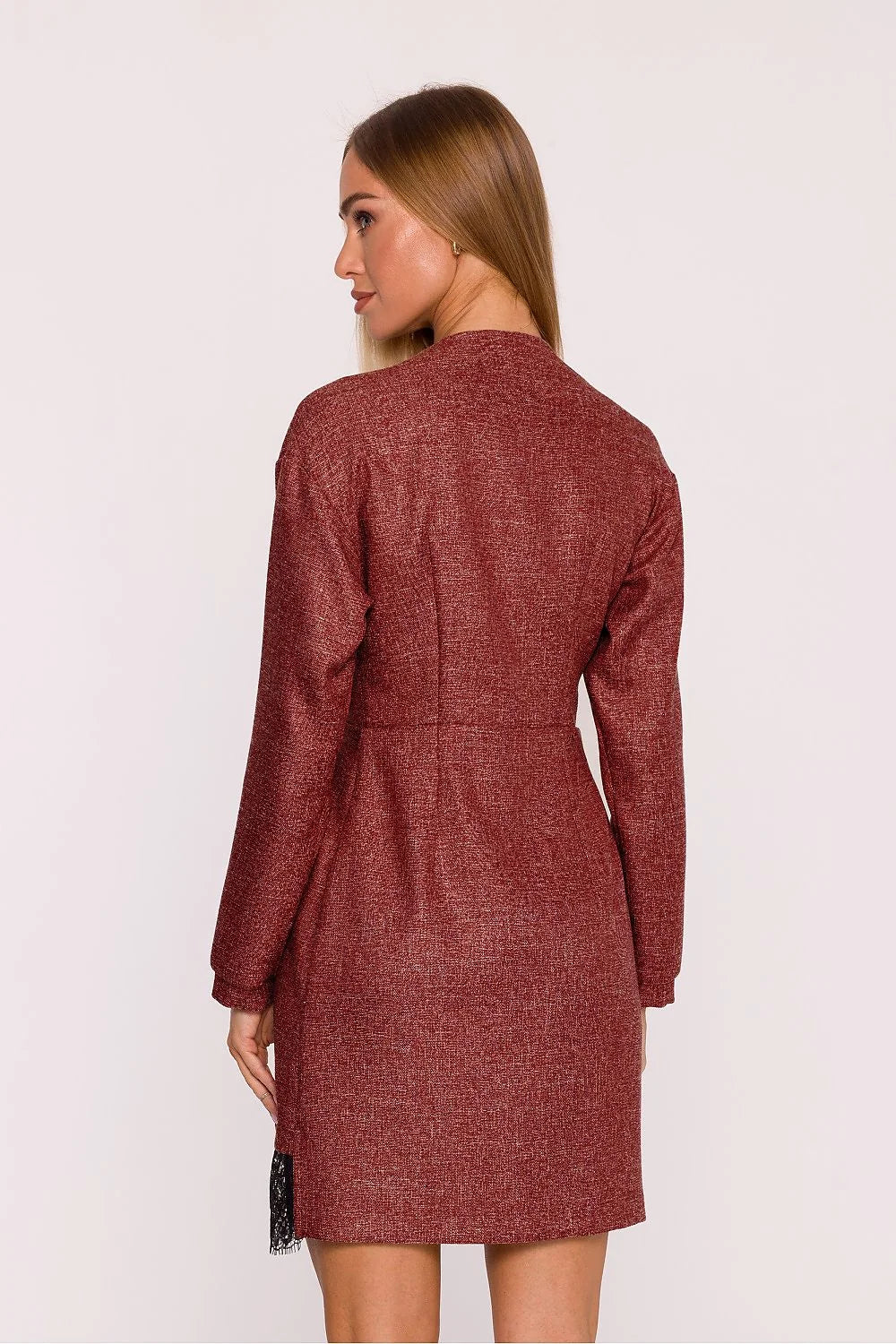 robe femme tweed dentelle bordeaux rouille texturé manches longues décolleté profond portefeuille taille marquée bouton doré ourlet noire coupe cintrée