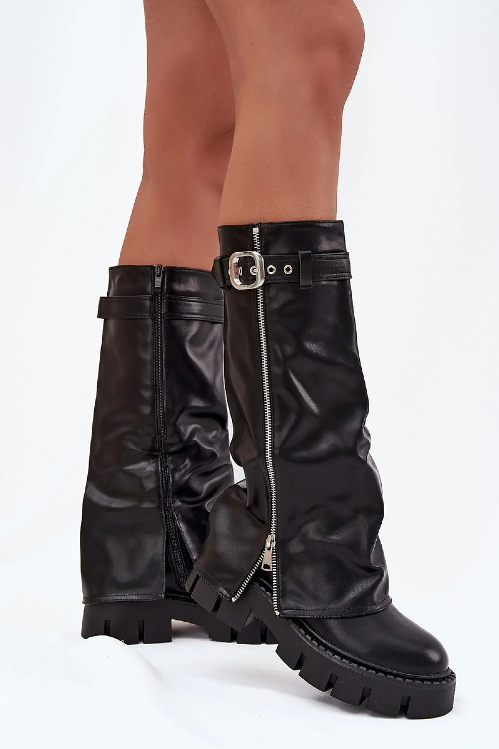 bottes cuissardes femme revers cuir écologique plateforme talon massif doublées fourrure synthétique chaleur fermeture éclair argentée boucle tige tendance hivernale